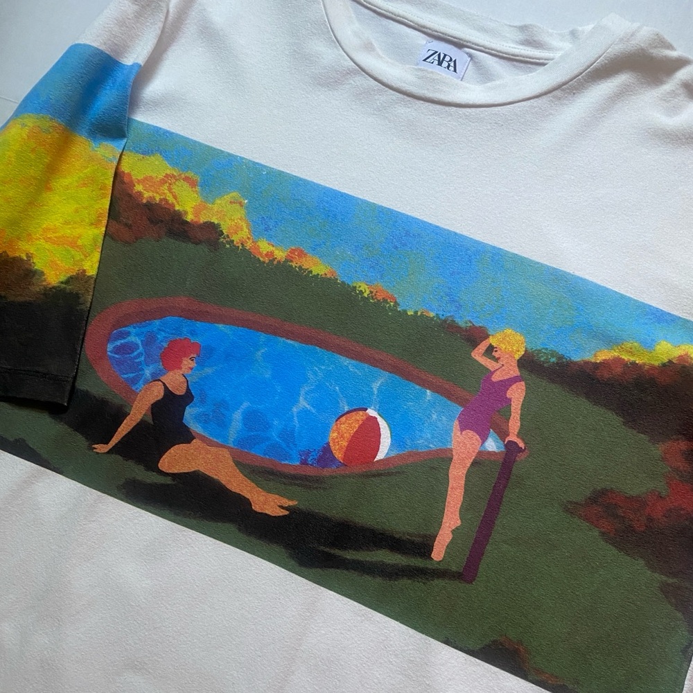 Zara White Graphic T-Shirt Dress Size M Art To Wear Vibrant Women By The Pool - Picture 3 of 9